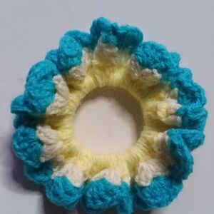 Handcrafted Turquoise & Yellow Crochet Hair Scrunchie